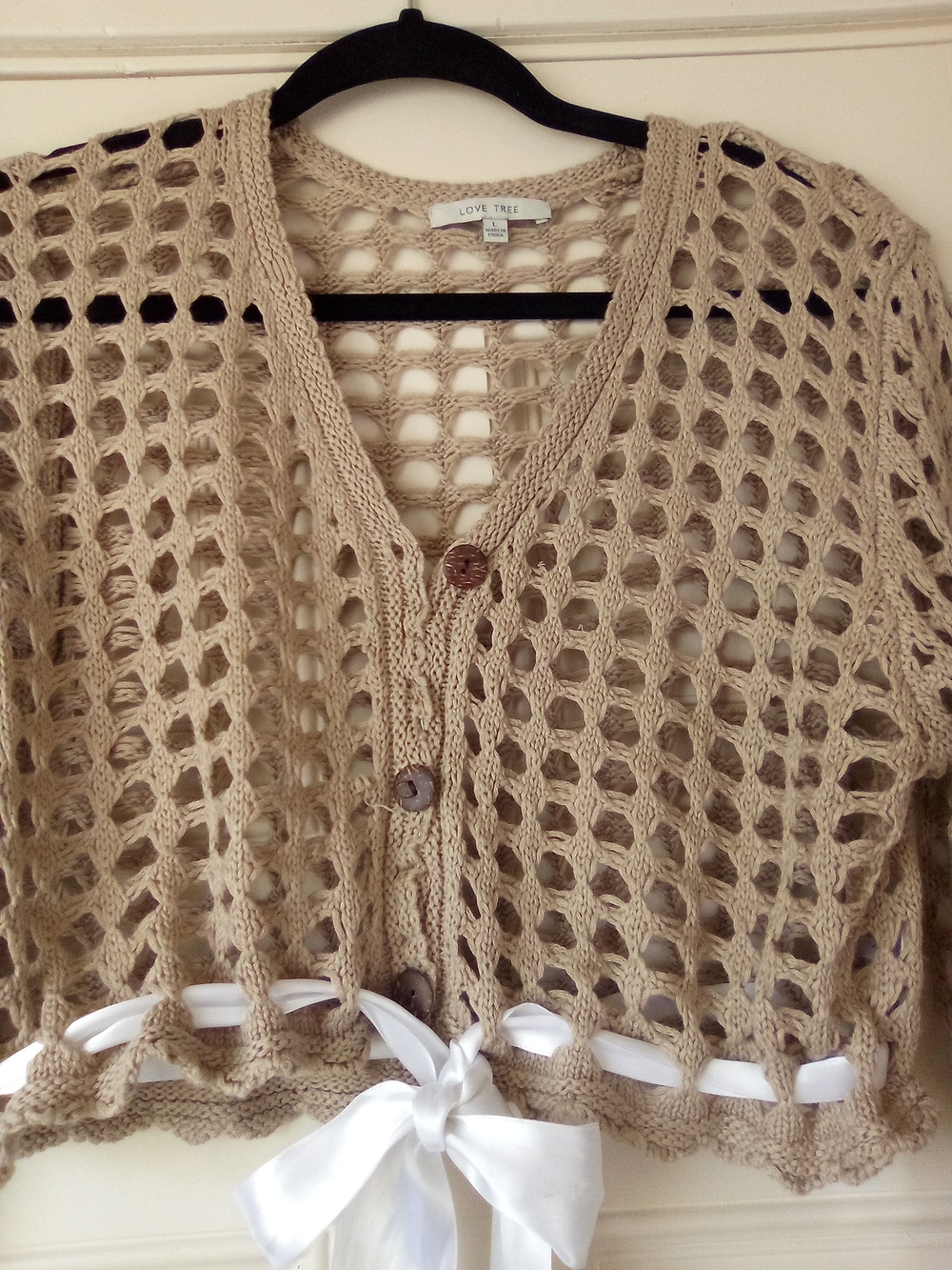 Love Tree Cropped Open-Weave Crochet Cardigan Ribbon Tie - Picture 2 of 3